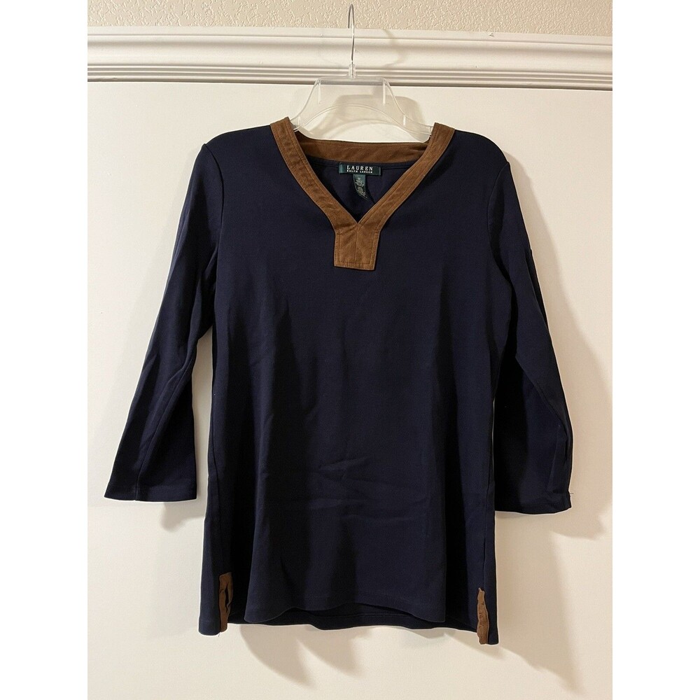 RALPH LAUREN Tunic Navy Blue Suede Brown Trim Shirt Top 3/4 Sleeves Size Medium